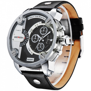 Ceas WEIDE, Quartz, Casual Sport, Negru, Curea Piele, WH3301-1C