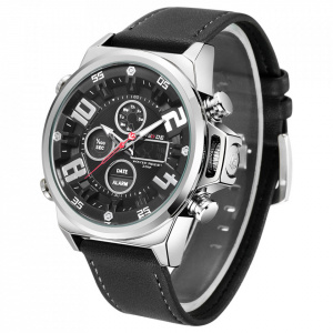 Ceas WEIDE, Quartz, Casual Sport, Negru, Curea Piele, WH7309-1C