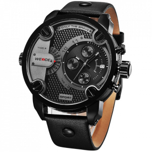 Ceas WEIDE, Quartz, Casual Sport, Negru, Curea Piele, WH3301B-1C