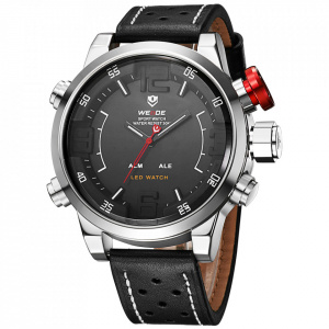 Ceas WEIDE, Quartz, Casual Sport, Negru, Curea Piele, WH5210-1C