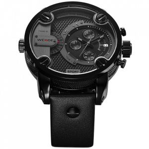 Ceas WEIDE, Quartz, Casual Sport, Negru, Curea Piele, WH3301B-1C