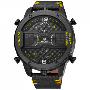 Ceas WEIDE, Quartz, Casual Sport, Galben, Curea Piele, WH6401B-3C