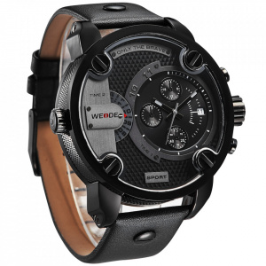 Ceas WEIDE, Quartz, Casual Sport, Negru, Curea Piele, WH3301B-1C