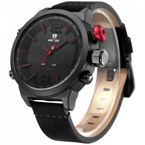 Ceas WEIDE, Quartz, Casual Sport, Rosu, Curea Piele, WH6101B-1C