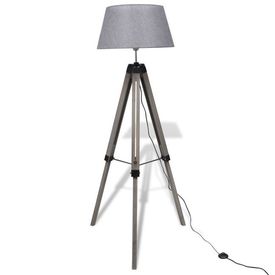 Lampă de podea ajustabilă cu tripod și abajur din material textil, gri