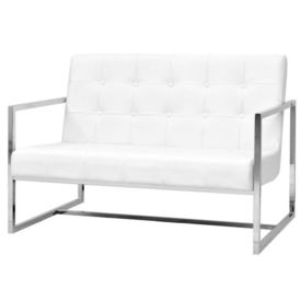 Canapea cu 2 locuri și brațe, piele artificială și oțel, alb