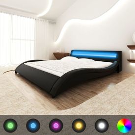 Cadru pat ondulat piele artificială 140 cm cu bandă LED, negru