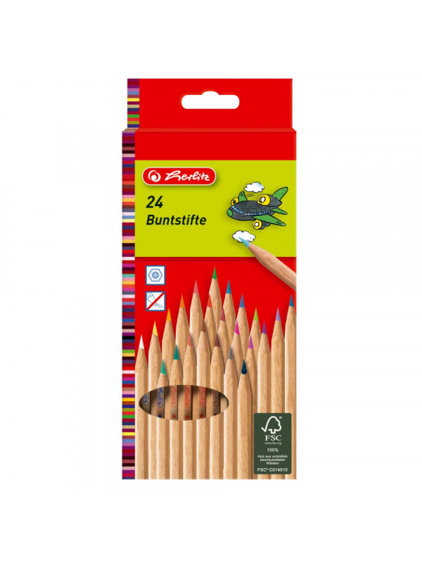 Set de creioane color natur Herlitz, 24 culori, hexagonale, certificat FSC wood