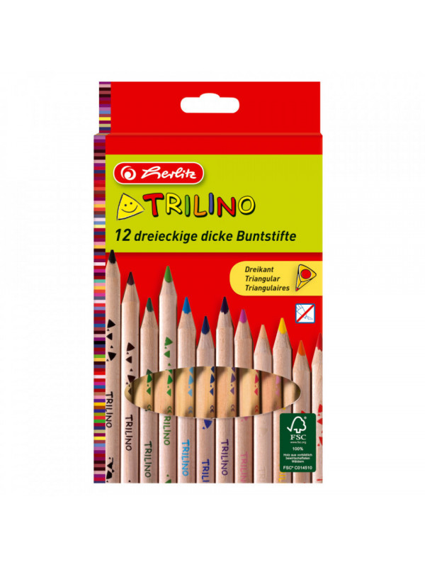 Set de creioane color Trilino Herlitz, 12 culori stralucitoare, din lemn de cedru, triunghiular Jumbo, varf de 5 mm