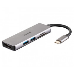 HUB extern D-LINK, porturi SD/microSD Dual Card Reader x 1, USB 3.0 x 2, HDMI x 1, conectare prin USB Type C, cablu 11.5 cm, argintiu "DUB-M530"