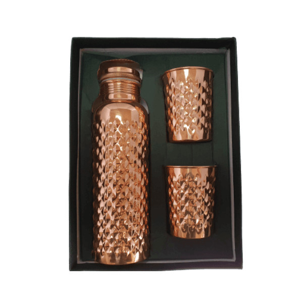 Set Cadou Efect Diamant Fagure - Sticla din Cupru 900ml +2 Pahare 200ml Alcalinizarea Apei, Ayurveda