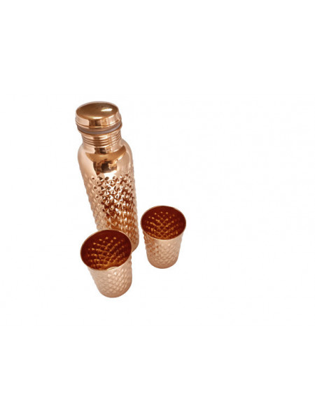 Set Cadou Efect Diamant Fagure - Sticla din Cupru 900ml +2 Pahare 200ml Alcalinizarea Apei, Ayurveda