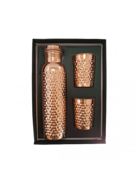 Set Cadou Efect Emboss - Sticla din Cupru 900ml +2 Pahare 200ml Alcalinizarea Apei, Ayurveda