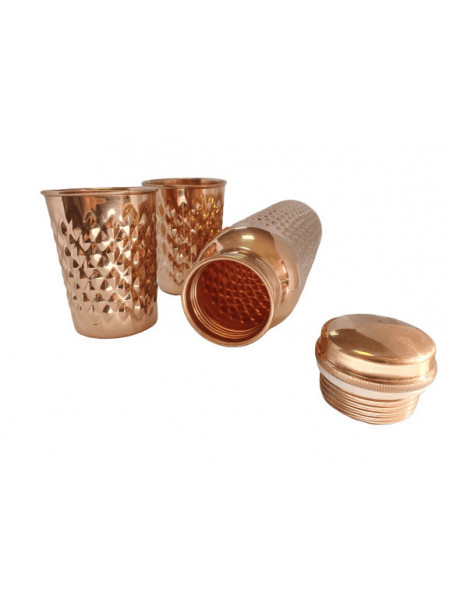 Set Cadou Efect Diamant Fagure - Sticla din Cupru 900ml +2 Pahare 200ml Alcalinizarea Apei, Ayurveda