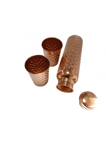 Set Cadou Efect Diamant Fagure - Sticla din Cupru 900ml +2 Pahare 200ml Alcalinizarea Apei, Ayurveda