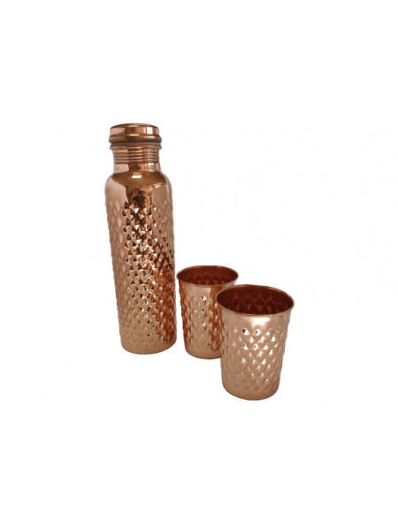 Set Cadou Efect Diamant Fagure - Sticla din Cupru 900ml +2 Pahare 200ml Alcalinizarea Apei, Ayurveda