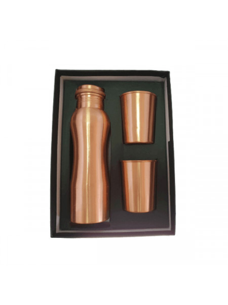 Set Cadou Efect Lucios - Sticla din Cupru 900ml +2 Pahare 200ml Alcalinizarea Apei, Ayurveda