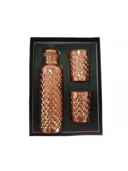 Set Cadou Efect Diamant Fagure - Sticla din Cupru 900ml +2 Pahare 200ml Alcalinizarea Apei, Ayurveda