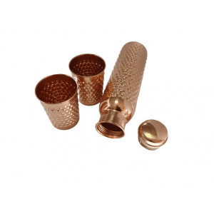 Set Cadou Efect Emboss - Sticla din Cupru 900ml +2 Pahare 200ml Alcalinizarea Apei, Ayurveda