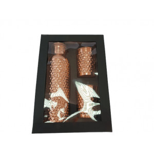 Set Cadou Efect Emboss - Sticla din Cupru 900ml +2 Pahare 200ml Alcalinizarea Apei, Ayurveda