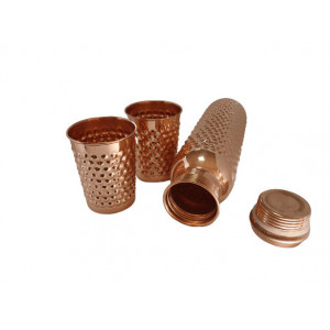 Set Cadou Efect Emboss - Sticla din Cupru 900ml +2 Pahare 200ml Alcalinizarea Apei, Ayurveda