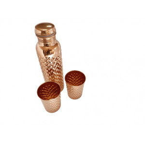 Set Cadou Efect Diamant Fagure - Sticla din Cupru 900ml +2 Pahare 200ml Alcalinizarea Apei, Ayurveda