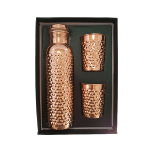 Set Cadou Efect Emboss - Sticla din Cupru 900ml +2 Pahare 200ml Alcalinizarea Apei, Ayurveda