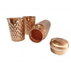 Set Cadou Efect Diamant Fagure - Sticla din Cupru 900ml +2 Pahare 200ml Alcalinizarea Apei, Ayurveda