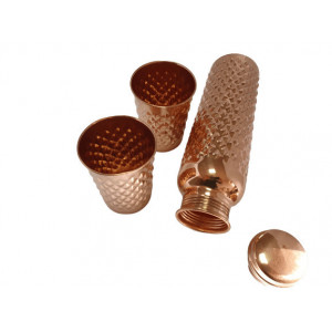 Set Cadou Efect Diamant Fagure - Sticla din Cupru 900ml +2 Pahare 200ml Alcalinizarea Apei, Ayurveda