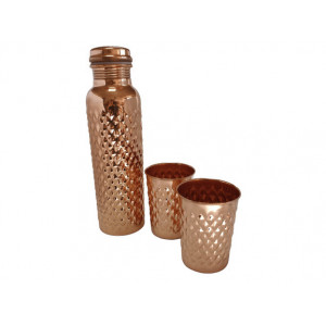 Set Cadou Efect Diamant Fagure - Sticla din Cupru 900ml +2 Pahare 200ml Alcalinizarea Apei, Ayurveda