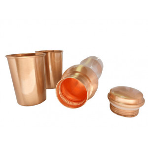 Set Cadou Efect Lucios - Sticla din Cupru 900ml +2 Pahare 200ml Alcalinizarea Apei, Ayurveda