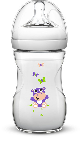 Philips-Avent Biberon Natural 260 ml, Tetină cu debit lent ce imita forma sanului mamei, décor delfini, décor hipopotam