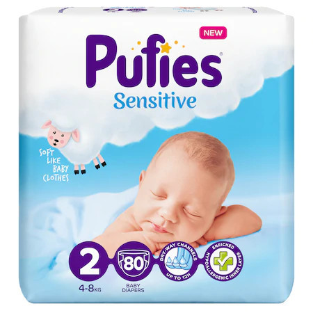 Scutece Pufies Sensitive Nr.2, 4-8kg, 80 buc