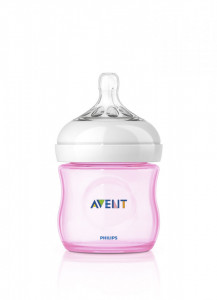 Philips-Avent Biberon Natural 125 ml, Tetină ce imita forma sanului mamei, cu debit pentru nou-născut, culoare:roz