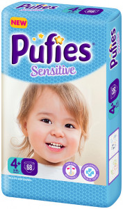 Scutece Pufies Sensitive, Nr. 4+ maxi+, Giant Pack 68 buc