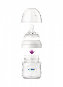 Philips-Avent Biberon din sticlă Natural 120 ml, Tetină ce imita forma sanului mamei, cu debit pentru nou-născut, sticla borosicilica