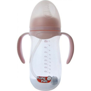 Biberon gat larg 240 ml cu manere moi si pai anticolici Primii Pasi roz