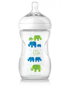 Philips-Avent Biberon Natural 260 ml, Tetină ce imita forma sanului mamei, cu debit lent, décor elefanti