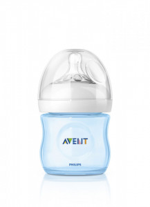 Philips-Avent Biberon Natural 125 ml, Tetină ce imita forma sanului mamei, cu debit pentru nou-născut, culoare: albastru