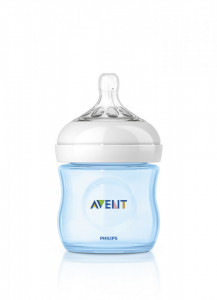 Philips-Avent Biberon Natural 125 ml, Tetină ce imita forma sanului mamei, cu debit pentru nou-născut, culoare: albastru