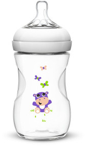 Philips-Avent Biberon Natural 260 ml, Tetină cu debit lent ce imita forma sanului mamei, décor delfini, décor hipopotam