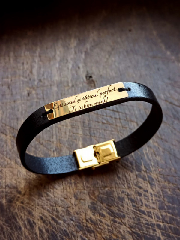 Brățară din Piele cu Placă din Aur 14K Gravată - Cadoul Perfect pentru El, O Declarație de Dragoste Eternă