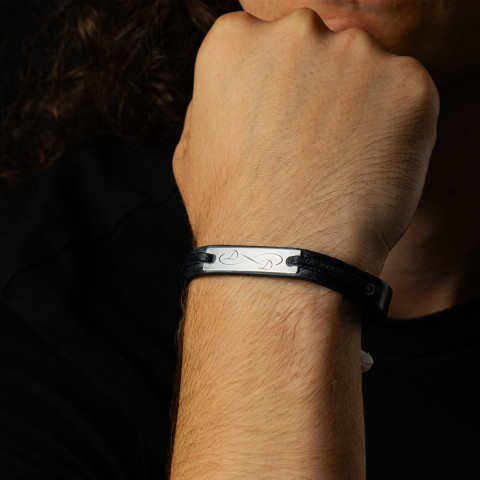 Brățară Personalizată din Piele cu Plăcuță din Argint - Semnul Infinit cu Inițialele Cuplului - Valentin
