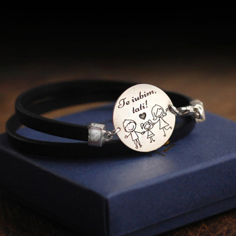 Bratara barbateasca piele, bănut Argint 925, lata 10 mm, banut 16 mm personalizat gravura text si/sau simbol (inchizatoare argint 925)