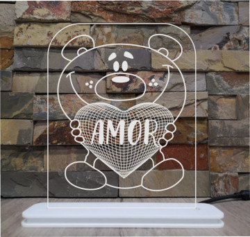 Moldura / Candeeiro com luz de presença - Urso com Coração - Com nome