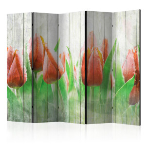 Paraván - Red tulips on wood II [Room Dividers]