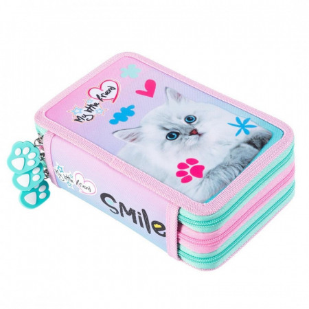Penar Rigid cu 3 Fermoare, Echipat, St.Majewski, Colectia My Little Friend Pastel Cat PC05, 19x13x7cm
