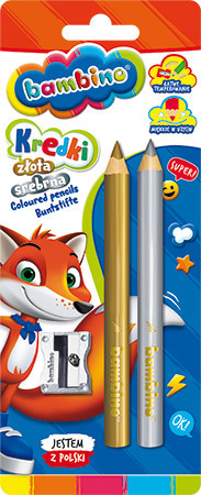 Creioane Color Jumbo, Bambino, din Lemn, Auriu si Argintiu + Ascutitoare Metalica