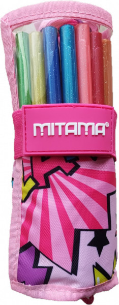 Penar Roll-Up, Mitama, Echipat cu Pixuri, Carioci si Lipiciuri Colorate Glitter ,24 Instrumente de Scris si Colorat Glitter + 1 Penar Borseta, Roz