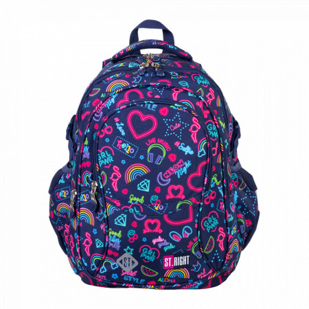 Ghiozdan Scolar 4 Compartimente, Maner si Spate Ergonomic, Impermeabil, Elemente Reflectorizante, Colectia St.Right - Neon BP01, 43x32x21cm